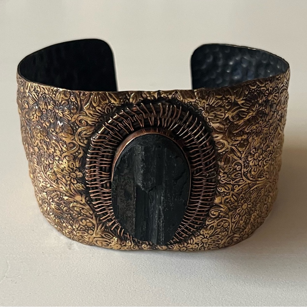 🆕 Mens Black Tourmaline Copper Wired Cuff Bracelet